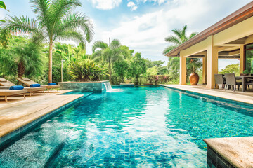 Fototapeta premium Swimming pool cleaner or maintenance service. Clean swimming.