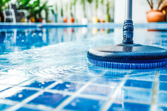Swimming pool cleaner or maintenance service. Clean swimming.