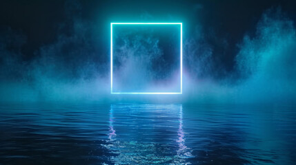 abstract minimalistic background with blue neon square frame, dark atmosphere, foggy water reflection