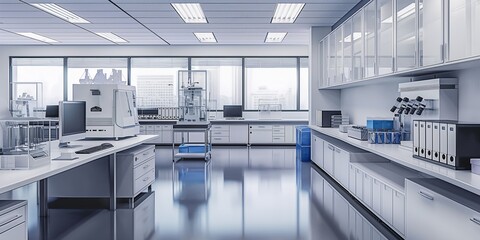 Science modern lab interior architecture with cabinets, research desks, white clean laboratory interior architecture.
