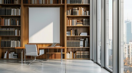 Blank mockup frame in home office modern study room, contemporary full book shelves filled with books, laptop on desk, wooden floor, leather working rotation chair, modern trendy study home backdrop