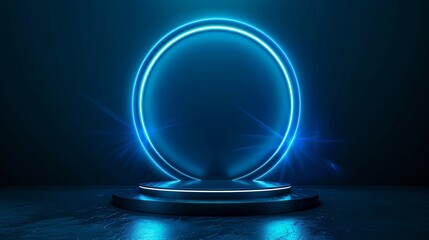 Empty blue podium floating in the air with blue neon ring on background.Magic fantasy portal. Magic circle teleport podium with hologram effect. Abstract high tech futuristic technology design.