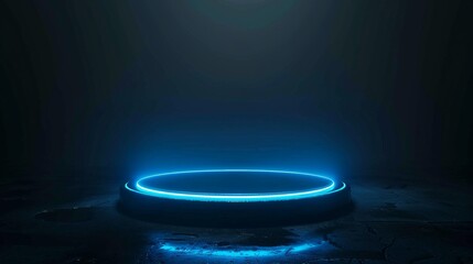 Empty blue podium floating in the air with blue neon ring on background.Magic fantasy portal. Magic circle teleport podium with hologram effect. Abstract high tech futuristic technology design.