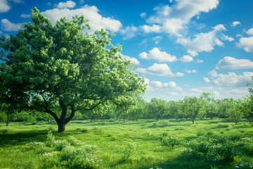 Fototapeta premium A large tree stands in a field of grass