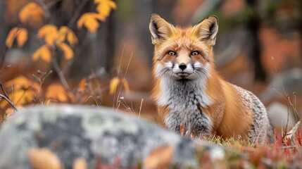 Fototapeta premium Majestic Red Fox in Autumn Forest: Vivid Fall Colors and Wildlife Photography Capturing Nature's Beauty in Serene Woodland Setting