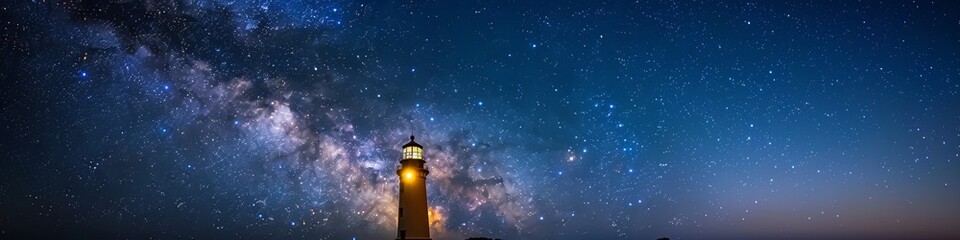 A beautiful lighthouse at night with the milky way visible in the night sky. 