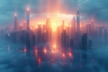 Fototapeta premium A digital illustration depicting a futuristic cityscape bathed in the warm glow of a setting sun