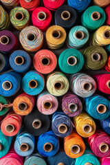 A tightly packed collection of spools of thread in various colors, filling the entire frame. The threads come in shades of red, blue, green, yellow, and pink, creating a vibrant and crafty background.
