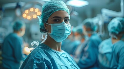 Confident surgeon in operating room. Confident female surgeon in sterile attire looking at the camera with medical team working in the background.