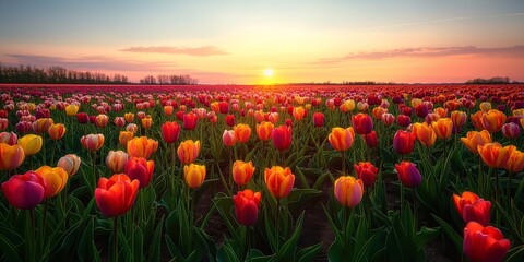 Tulip Field in Full Bloom at Sunrise. Expansive tulip field in full bloom during sunrise, with a colorful sky and endless rows of flowers.