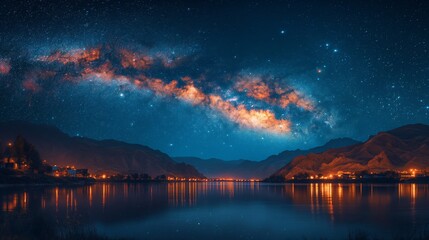 Milky Way Over Serene Lakeside Village. Stunning view of the Milky Way galaxy illuminating the night sky over a tranquil lakeside village with mountains.