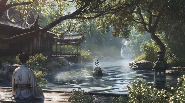 Contemplating Laozi's Daoist Philosophy: A Serene Individual with a Harmonious Expression by a Flowing River, Ancient Trees, and Traditional Chinese Pavilions, Emphasizing Tranquility and Balance