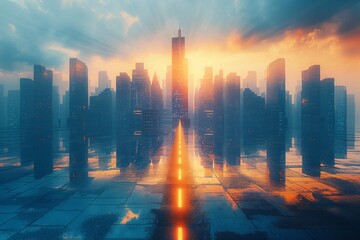 A captivating image of a futuristic city, showcasing skyscrapers reflected in a wet street at sunset