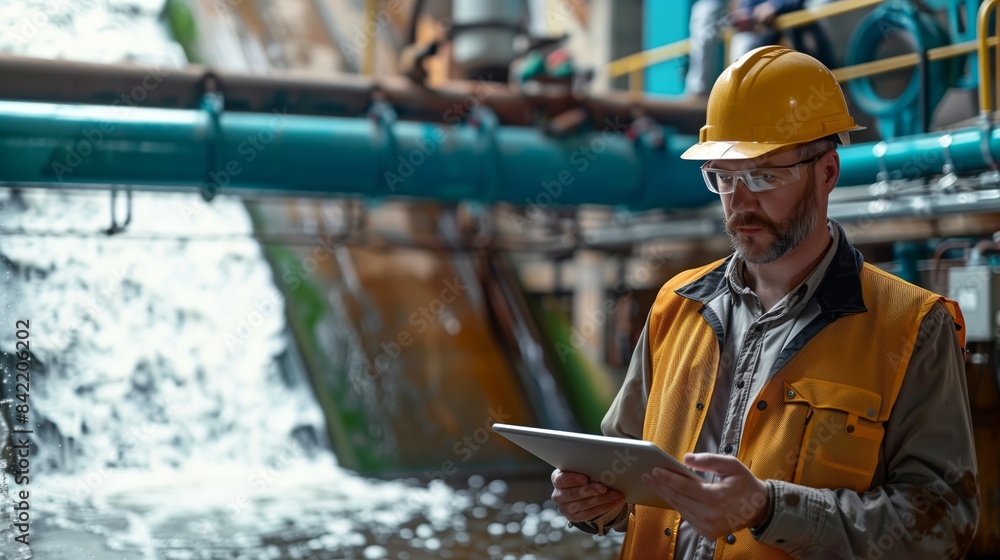 Poster engineer inspecting hydroelectric system. engineer in protective gear inspecting the hydroelectric s