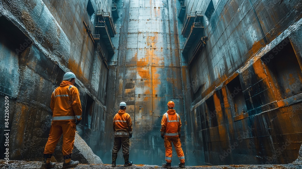 Poster engineers examining dam structure. engineers in safety gear examining the tall structure of a dam, s