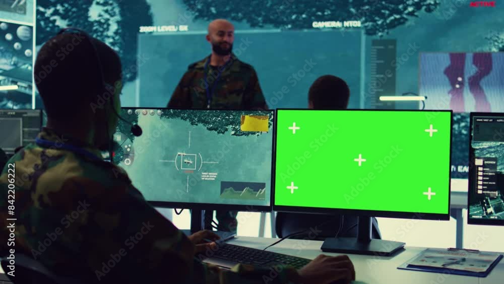 Poster control room operator tracking all ships anchoring along the coast line, uses isolated chromakey dis