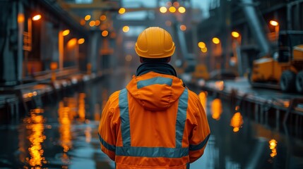 Obraz premium Worker supervising dam construction site. Worker in a reflective jacket supervising a dam construction site, emphasizing safety, oversight, and the construction process.
