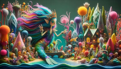 Obraz premium Ilustración 3D infantil, sirena, sirenita de fieltro, cuento de hadas, fantasía, surrealismo, hiperrealismo, para niños, saludo, postal, storybook, variopinto, arte, decoraciones