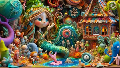 Fototapeta premium Ilustración 3D infantil, sirena, sirenita de fieltro, cuento de hadas, fantasía, surrealismo, hiperrealismo, para niños, saludo, postal, storybook, variopinto, arte, decoraciones