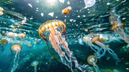 Ethereal Jellyfish Navigating Through Floating Plastic Particles in the Ocean