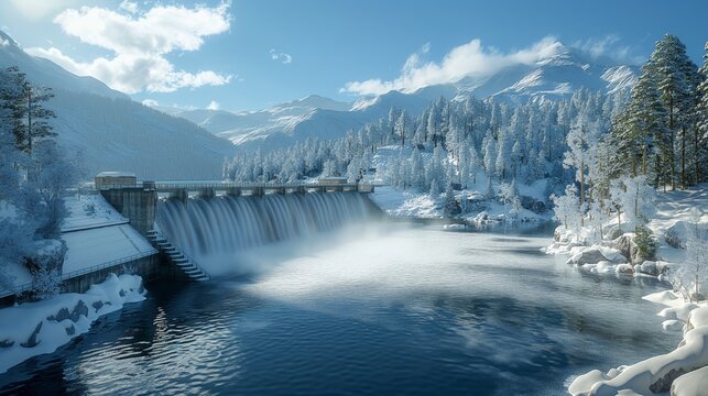 Snowy landscape with flowing dam. Dam in a snowy landscape with water flowing over, highlighting the winter scenery and the functionality of the dam in cold conditions.