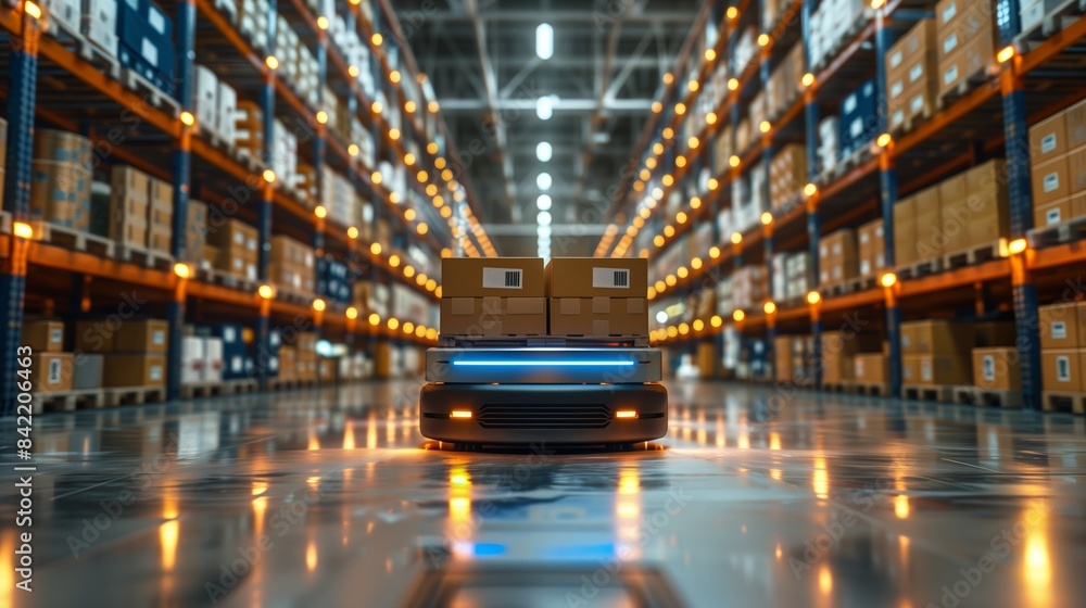Poster automated robot transporting boxes in warehouse. automated robot transports boxes in a modern wareho