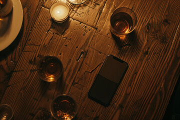 A high angle view of a phone sitting on a bar next to alcoholic drinks and a candle. A smartphone next to liquor shots and drinks, top down view, low light