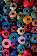 A tightly packed collection of spools of thread in various colors, filling the entire frame. The threads come in shades of red, blue, green, yellow, and pink, creating a vibrant and crafty background.