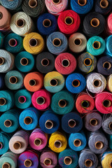 Fototapeta premium A tightly packed collection of spools of thread in various colors, filling the entire frame. The threads come in shades of red, blue, green, yellow, and pink, creating a vibrant and crafty background.
