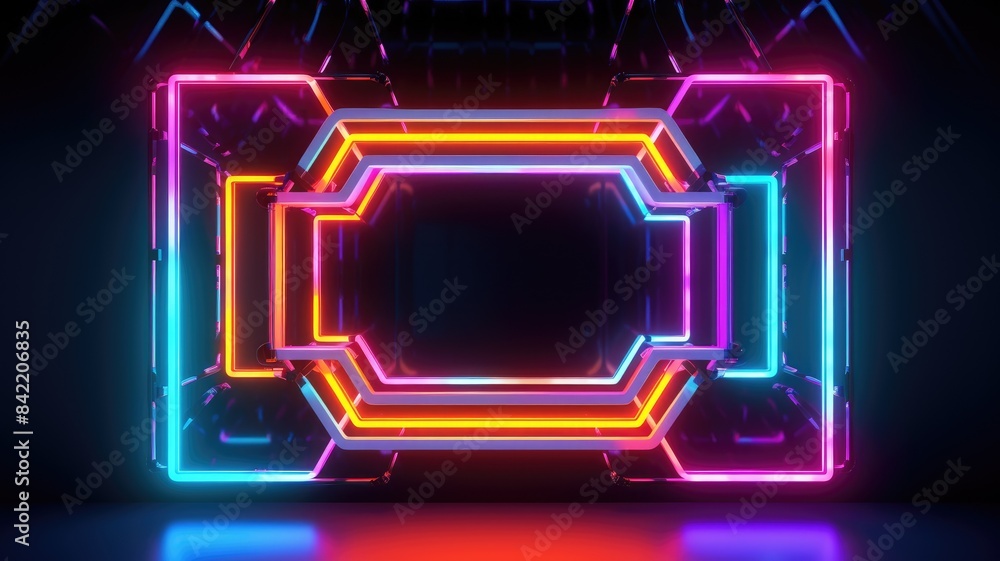Poster futuristic neon light portal in a reflective surface. luminous neon light portal with square shape w