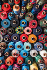 Fototapeta premium A tightly packed collection of spools of thread in various colors, filling the entire frame. The threads come in shades of red, blue, green, yellow, and pink, creating a vibrant and crafty background.