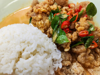 Delicious salty egg chicken with rice. Top-up view