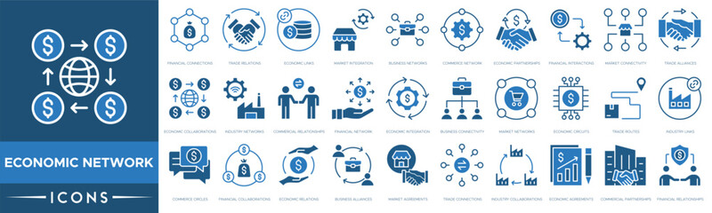 Economic Network icon. Financial Connections, Trade Relations, Economic Links, Market Integration, Business Networks, Commerce Network and Economic Partnerships