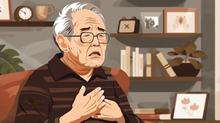 Cute vector illustration, Taiwanese elderly male, half body, chest pain, pain expression, living room background 