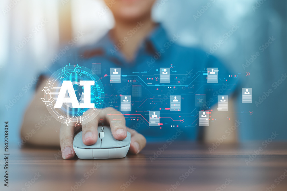 Fototapete women using ai technology ai tech, show virtual graphic global internet connect chatgpt chat with ai