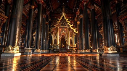 Obraz premium Grandiose Interior of a Revered Thai Temple in Chiang Mai Inviting Spiritual