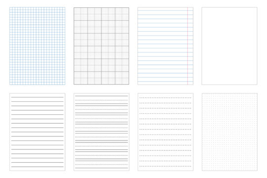 Set of paper sheets. Grid, lined, blank. Vector templates.