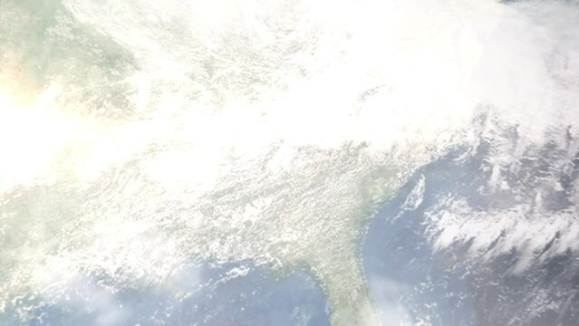Earth zoom in from space and focus on Woodstock, Georgia, USA. 3D style Animation. Satellite view. Background for travel intro, blog. Images from NASA.