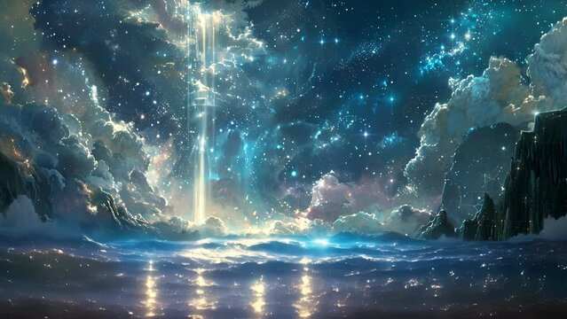 At the heart of the cosmos a breathtaking waterfall of stars pours into a cosmic sea its glistening streams mesmerizing all who behold its beauty.