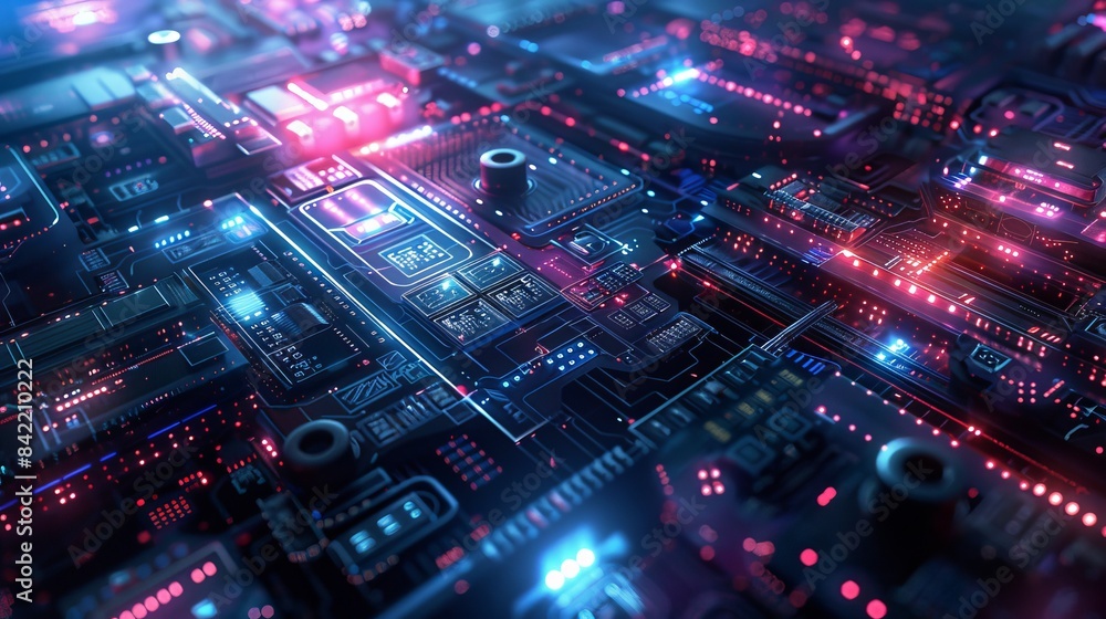 Poster digitally generated image representing computers, electronics, and technology concepts in a modern a