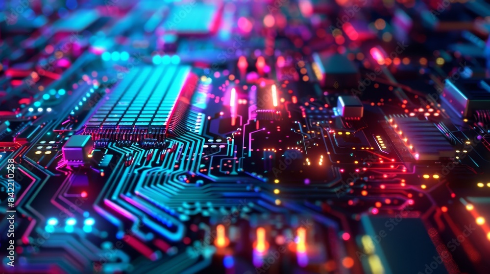 Poster digitally generated image representing computers, electronics, and technology concepts in a modern a