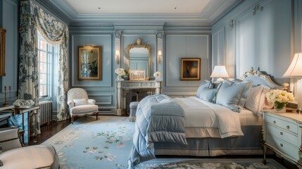 Cherish serenity: Master bedroom adorned in light blue, with floor-to-ceiling wainscoting, crown moldings, and elegant furnishings