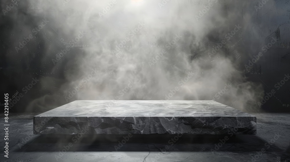 Poster gray textured concrete platform with smoke in dark atmospheric setting, ideal for product display an