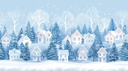 Naklejka premium Seamless Christmas Village Border with White Houses and Fir Trees on Light Blue Winter Background, Illustrating a Fairy Tale Winter Landscape