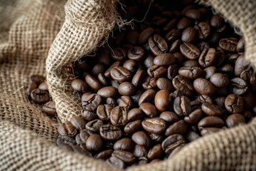 A close-up shot of freshly roasted coffee beans spilling out of a burlap sack 