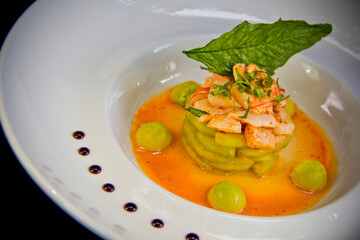 Modern Mexican shrimp aguachile artfully plated on fine ceramic, with vibrant citrus-chili sauce and gourmet basil crisp—fresh, bold, and fine dining ready.