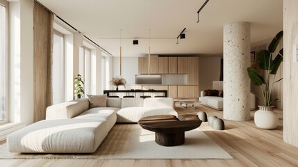 Create a serene retreat: Wooden base in an elegant apartment, surrounded by contemporary furniture and minimalist decor.