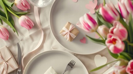 Create lasting memories: Top view of a beautiful banquet setting with tulips, gifts, and hearts on a serene light beige base, perfect for Woman's Day.