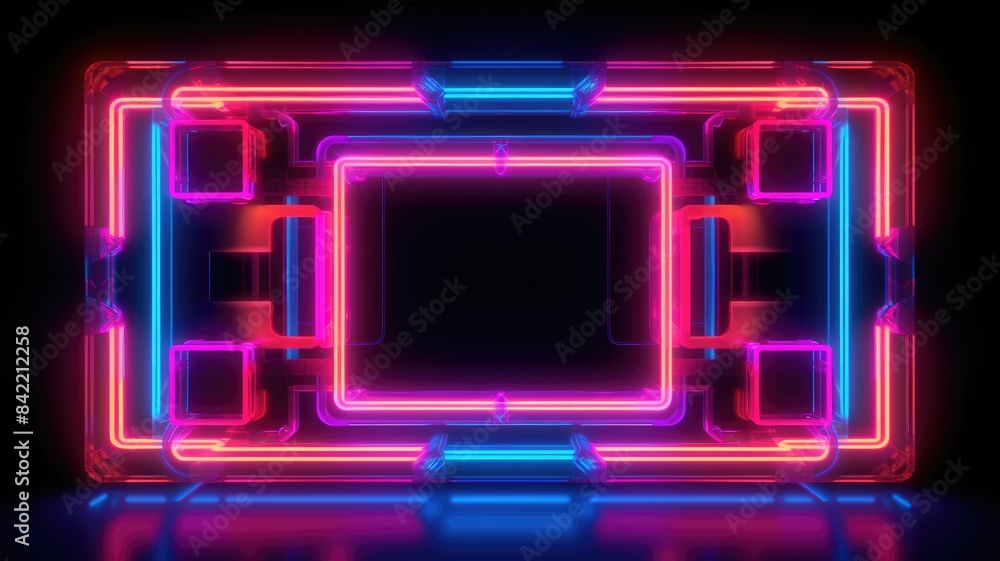Poster futuristic neon light portal in a reflective surface. luminous neon light portal with square shape w