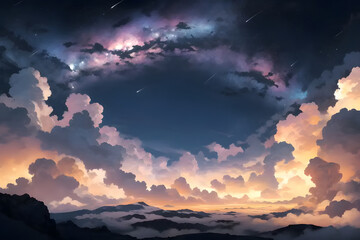 雲の上に広がる黎明の空と星